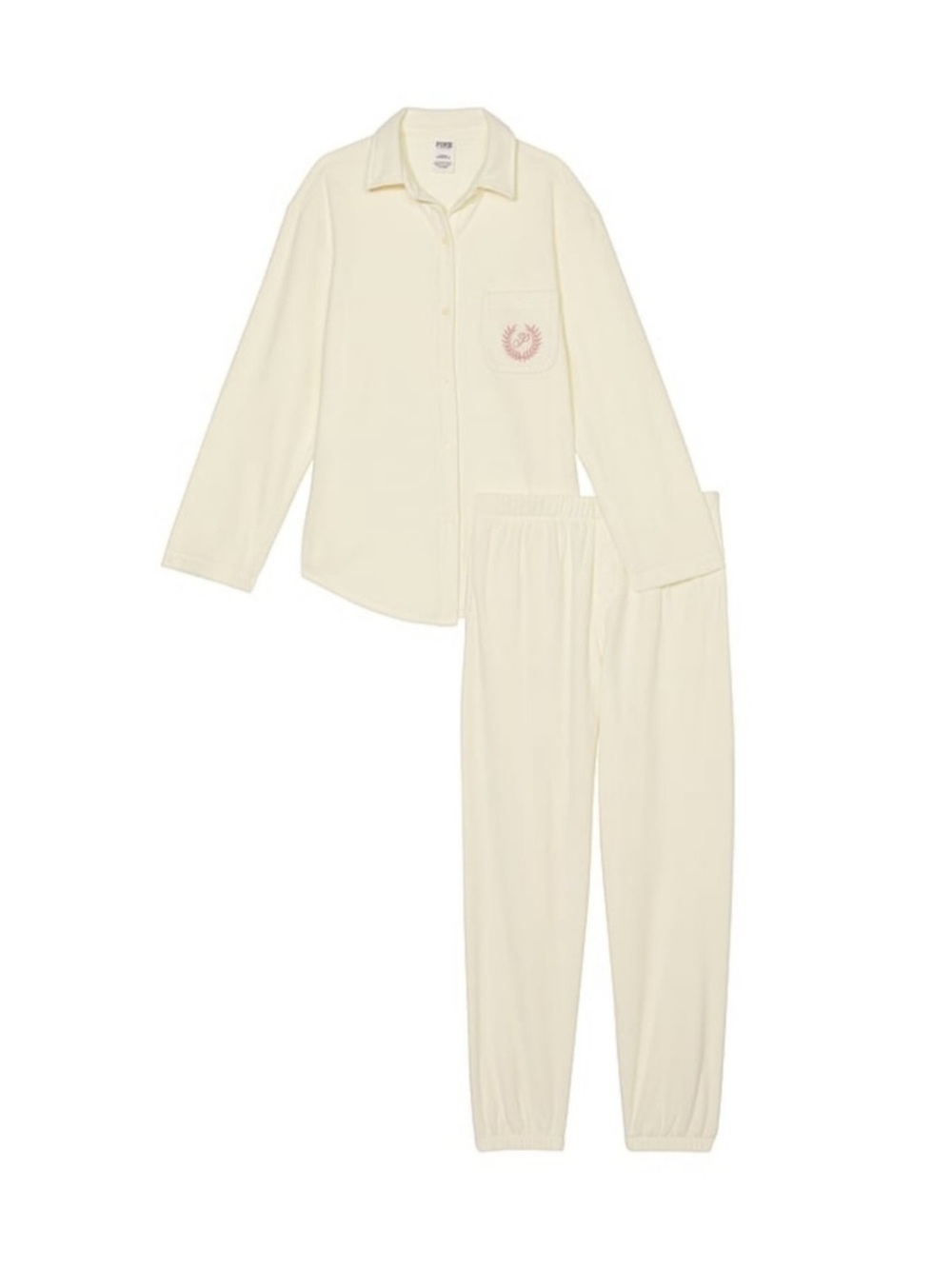 PINK Victoria's Secret Cream Long-Sleeve Two-Piece Pajama Set with Pink Logo